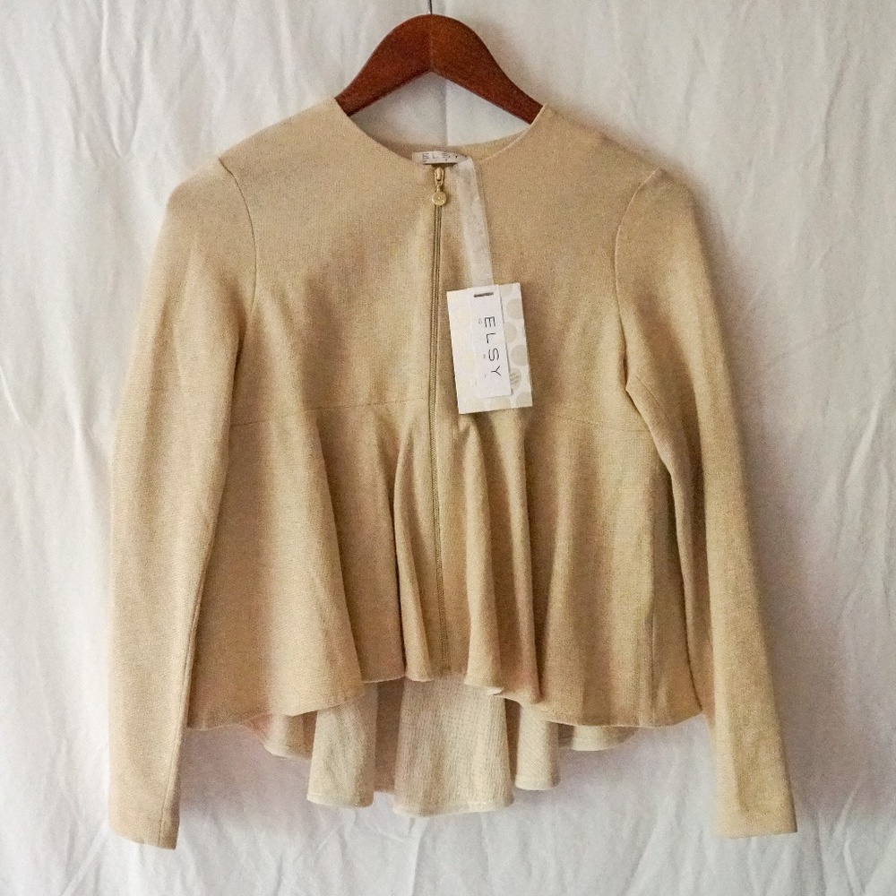 NWT Elsy Girls 14 Peplum Cotton-Mix Zip-Up Gold Cardigan